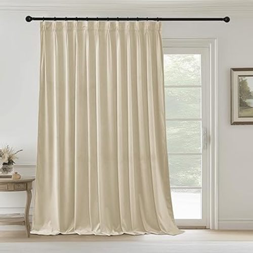 StangH Beige Pinch Pleated Velvet Curtains 96 inches Long, Extra Wide Room Darkening Window Drapes with Hooks Thermal Insulated Luxury Home Decor for Dining Room Track System, W72 x L96, 1 Panel