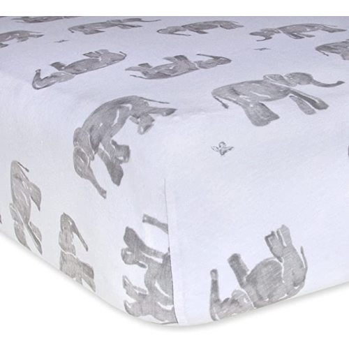 Burts Bees Baby Print Fitted Crib Sheet Organic Cotton BEESNUG - Grey Wandering Elephants Animal Prints, Fits Unisex Standard Bed and Toddler Mattress, Infant Essentials, 28 x 52 x 5.5 Inch 1-Pack - Neutral Elephants