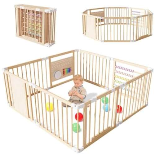 Esazn Foldable Baby Playpen 94.5-in x 24-in Hardware Mounted Wooden Wood Safety Play yard with gate in the Child Safety Gates department at Lowes.com
