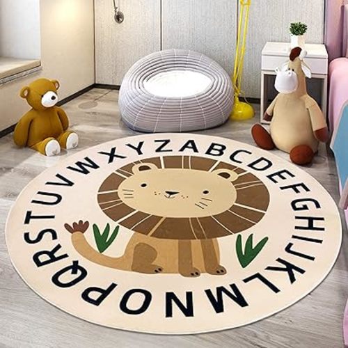 Kids Play Rug 5.2Ft Large Round Rug ABC Lion Rug Circle Carpet for Boys Girls Bedroom Soft Animal Playroom Mat Nursery Rug for Living Room Classroom Area Rug Nonslip Washable Rugs, Sitting