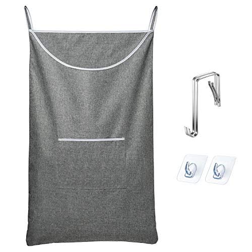 SAVERHO Large Hanging Laundry Hamper Bag, Door Hanging Hamper with Front Pocket Dirty Clothes Hanging Laundry Bag Large Size 35X22inch Door Laundry Basket (Grey)