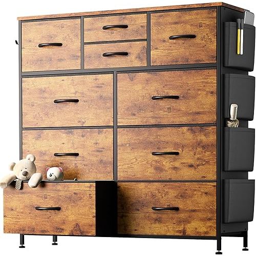 10 Drawer Dresser, Chest of Drawers for Bedroom, Fabric Dresser Drawers with Side Pockets, Hooks, Wooden Top and Sturdy Metal Frame for Living Room, Closet, Hallway (Rustic Brown)