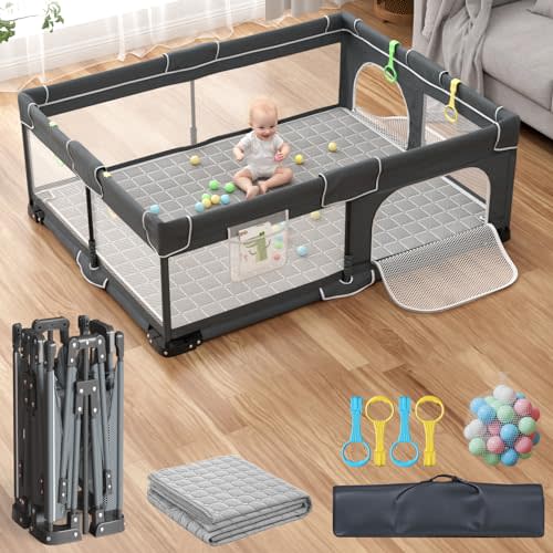 Foldable Baby Playpen, Large Baby Play Pen with Mat,Portable Playpen for Babies and Toddlers, Play Yard Indoor & Travel, Baby Gate Play Pen with Ocean Balls*30, Handlers*4 (71"×59", Grey)