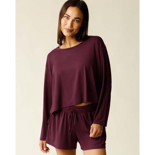 Aria Bamboo Casual Cropped Long Sleeve Top | White & Black Stripe - Kindred Bravely