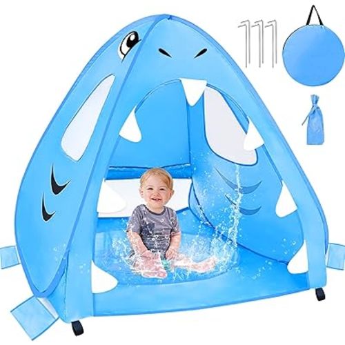 [ Extra High ] Shark Baby Beach Tent with Pool, Pop Up Baby Pool Tent UPF 50+ UV Protection 4 Sand Pockets 3 Mesh Windows Waterproof Sun Shelters Beach Shade Tent for 1-2 Baby Toddler Aged 3-60 Months