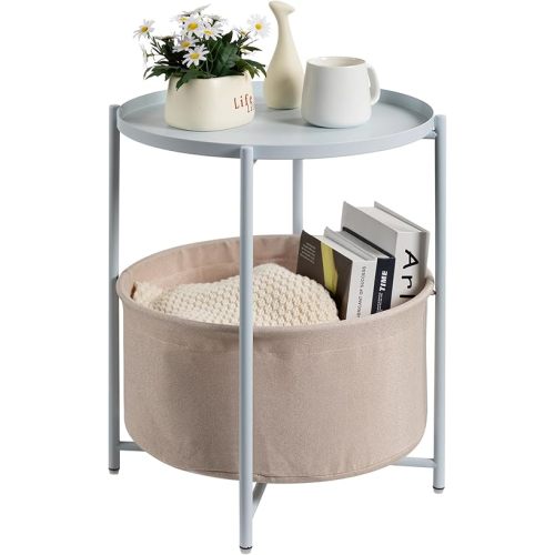 Round Side Table with Fabric Storage Basket