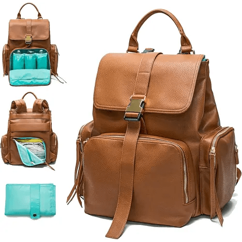 MOMINSIDE Diaper Bag Backpack with 14 Pockets, Leather Baby Bag, Large Capacity, Baby Registry, 4 Insulated Pockets, Wet Dry Bag, Changing Pad, Stroller Straps (Brown)
