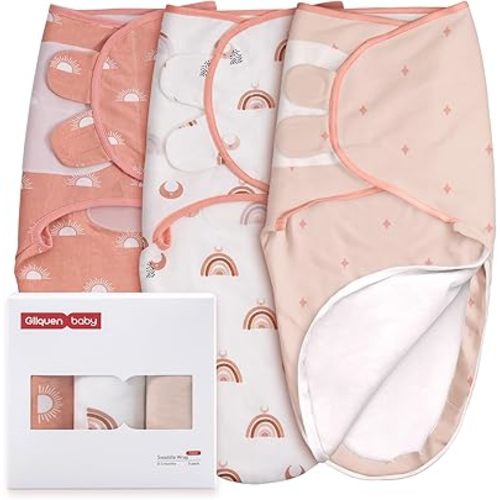 GLLQUEN BABY 3-Pack Swaddle Sleep Sacks - Newborn to 3 Months, Zipper, Rainbow & Sun Pattern (Small/Medium)