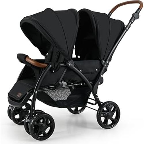 INFANS Double Stroller, Foldable Baby Tandem Stroller with Djustable Backrest Canopy Footrest, 5-Point Harness, Storage Basket, Convertible Compact Twin Stroller for Infants and Toddlers