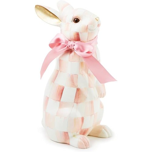 MACKENZIE-CHILDS Bunny Figurine, Rabbit Figurine Decoration for Spring, Standing, Pink-and-White Rosy Check