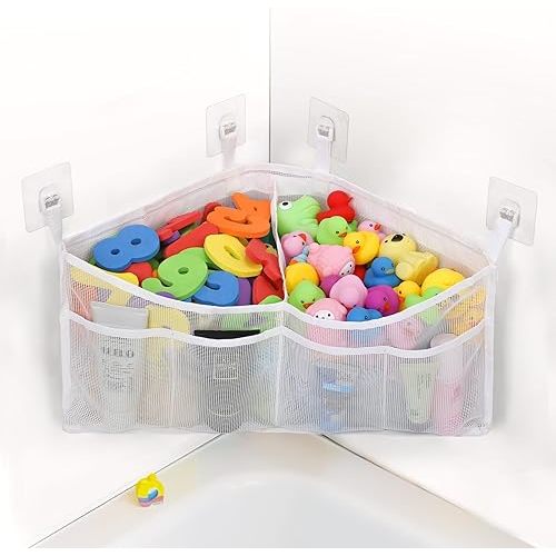 Goowin Bath Toy Organizer, Triangle Corner Bath Toy Storage, Quick Access Bath Toy Holder for Bathtub, Large Capacity Bath Storage for Toys, Quick Dry Mesh Bath Toy Holder For Hanging, White