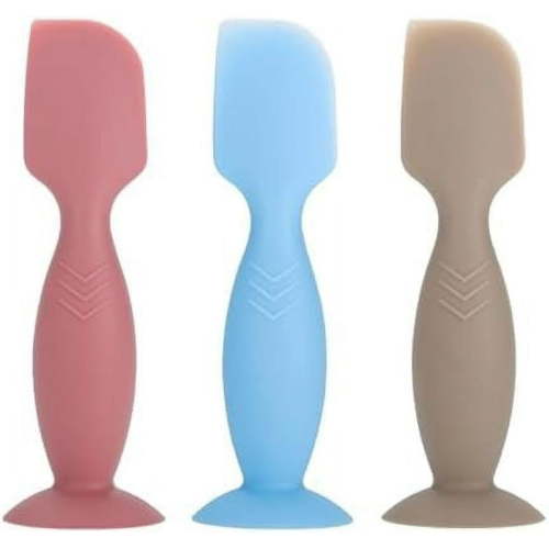 3 Pack Baby Diaper Cream Spatula Applicator, Soft Silicone Diaper Cream Brush Baby Butt Paste Spatula Diaper Cream Brush with Suction Cup Base (Khaki, Blue, Rose Red)