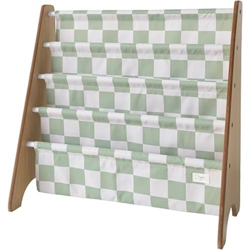 3 Sprouts Recycled Fabric Kids Bookshelf – 4-Tier Sling Book Rack Organizer - Nursery Room Playroom Classroom Wooden Book Shelves - Kid Bookcase Wood Storage Shelf for Toddler Age 3+ - Checkered Green