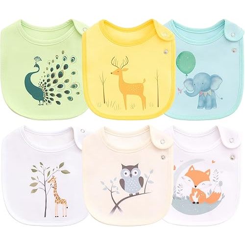 Maiwa 6 Pack Waterproof Cotton Baby Bibs for Girls Boys for Drooling Eating with Snaps