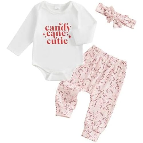Baby Girl Christmas Outfit Candy Cane Cutie Winter Clothes Long Sleeve Onesie Pink Graphic Pants Headband Newborn Set