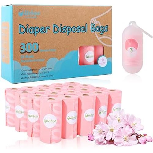 Disposable Diaper Bags for Baby - 20 Refill Rolls (300 Pack), Disposable Trash Bag with Dispenser - Cherry Blossom Scented, Pink, Ideal for Diaper Dispoal