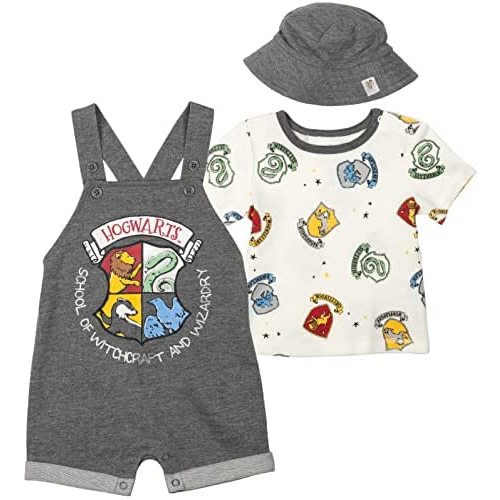 Harry Potter Hermione Hedwig Ron Weasley Baby French Terry Short Overalls T-Shirt & Hat 3 Piece Outfit Newborn to Infant