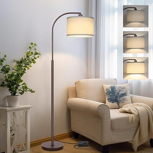 Boncoo Dimmable Floor Lamp, Arc Standing Lamp with Stepless Dimmer, Brown Floor Lamp with Adjustable Linen Beige Shade for Living Room Bedroom Study Room Office, 9W 3000K LED Bulb Included