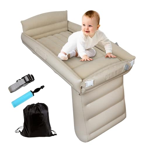 Sunlisky Inflatable Toddler Airplane Bed - Baby Travel Bed for Airplane Car - Airplane Seat Extender for Kids Portable Crib with Rails Sides Hand Pump Safety Belt and Carry Bag Sets (New Grey)