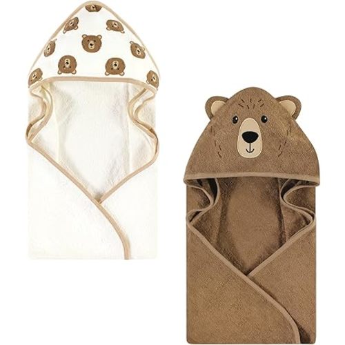 Hudson Baby Unisex Baby Cotton Animal Face Hooded Towel, Brown Bear 2-Pack, One Size