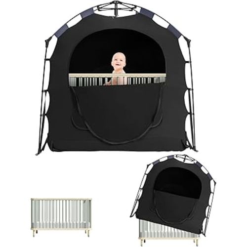 Blackout Tent for Pack and Play, Baby Sleep Pod, Portable Blackout Cover, Travel Crib Canopy, 1-Click Set Up Sleep Pod Blocks 95% of Light(Black)