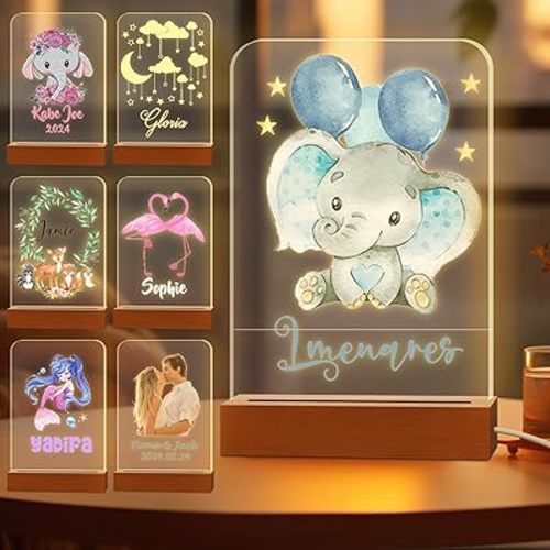 Personalized Night Light for Kids Custom Engraved Name Acrylic LED Lights with Wood Base for Nursery Bedroom Decor Night Lamp, Customized Birthday Gifts for Boy,Elephant