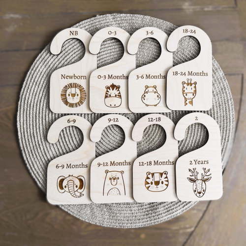 Baby Closet Dividers with Safari Animals - Newborn to Toddler Clothing Organizer - Wooden Baby Shower Gift - Pack of 8