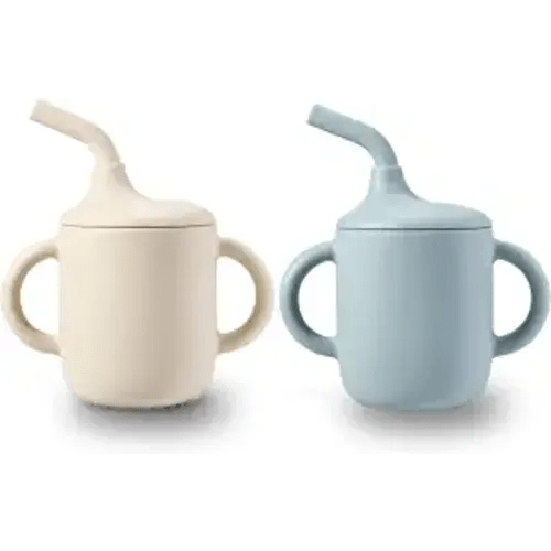 PandaEar 2 Pack 100% Tiny Silicone Drinking Training Cup with Handles & Straw for Baby and Toddler (White Blue)