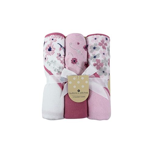 Cudlie Buttons & Stitches Baby Girl 3 Pack Rolled/Carded Hooded Towels in Crisp Blossom Print (GS71728)