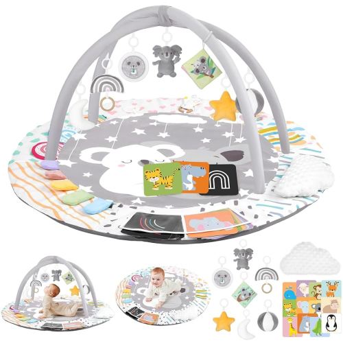 Baby Play Gym & Activity Mat, Tummy Time Mat with Tummy Time Pillow 7 Detachable Sensory Toys and Educational Cards for Motor Skills & Sensory Development, Baby Essentials Shower Gift, Grey Koala