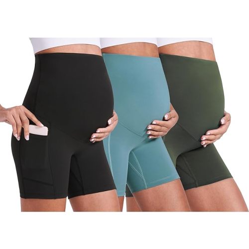 Enerful Women's Maternity Yoga Shorts Over The Belly Comfy Biker Workout Active Pregnancy Gym Short Pants with Pockets 8"/5"