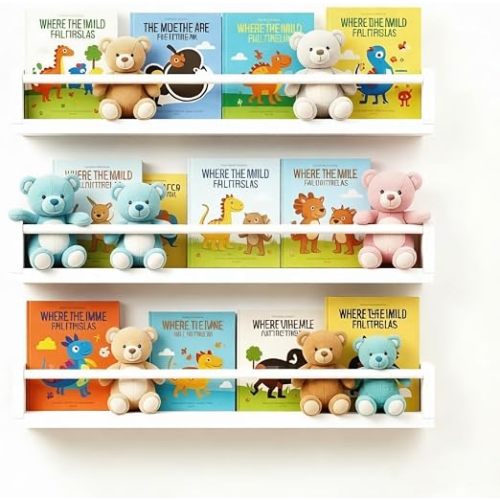 Set of 3 Kids Floating Bookshelves White – 24 Inch Wall Mounted Nursery Book Shelves with Safety Rail – Ideal Storage & Display Shelf for Nursery, Bedroom, and Playroom