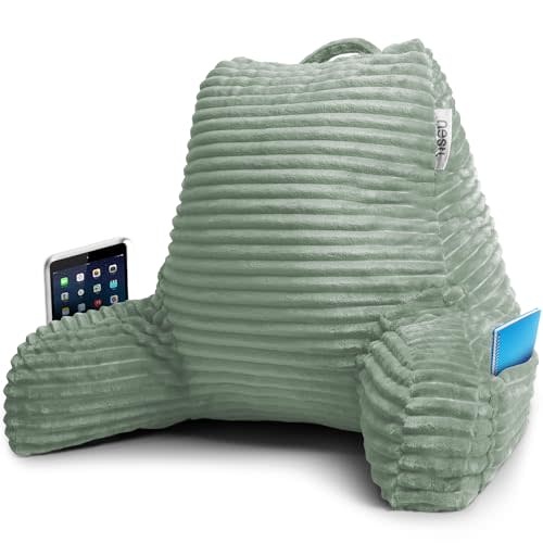 Nestl Reading Pillow with Shredded Memory Foam, Luxe Cut Plush Back Pillow for Sitting Up in Bed, Back and Arms Adjustable Support for Adult & Teens, Backrest Pillows with Washable Cover Sage Green