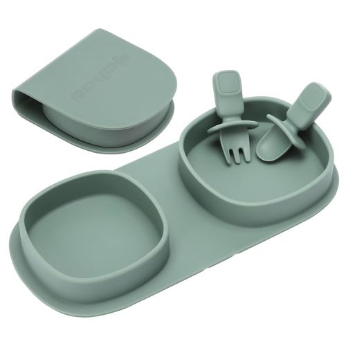 Toddler Plates Travel Essential on the go,Baby Plates with Forks and Spoons Self Feeding 6 months,Foldable,Silicone,BPA Free,Sage