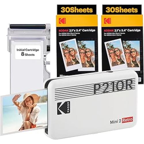 KODAK Mini 2 Retro 4PASS Portable Photo Printer (2.1x3.4 inches) Initial 8 Sheets + 60 Sheets Bundle, White