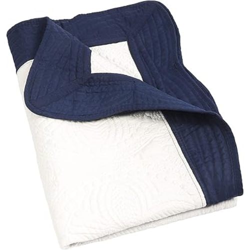 MONOBLANKS Baby Quilt Personlized Monogram Lightweight Embossed Scalloped Throw Blanket Four Seasons (White-Navy Trim)