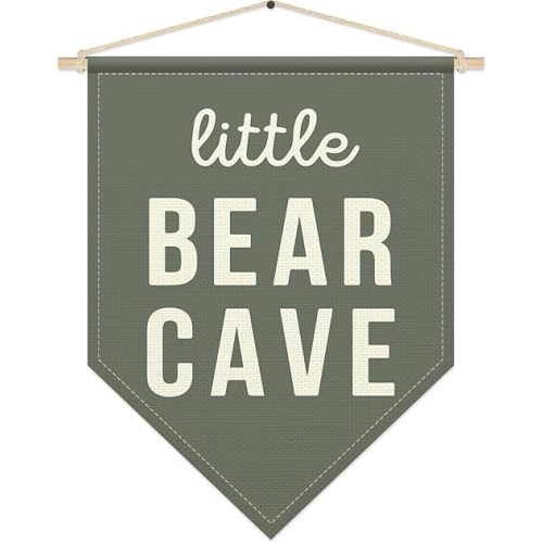 Little Bear Cave Poster Hanger Frame, Kids Pennant Banner Flags, Nursery Decor for Baby Boy Children, Toddler, Canvas Wall Hanging Decor for Kids Room Bedroom Playroom, Sage Green Wall Art