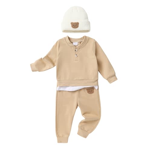 YOUNGER TREE Toddler Fall Outfits Baby Boy Sweatshirt Top Sweatpants Set Cute Sweatsuit for Boy Winter Clothes with Hat