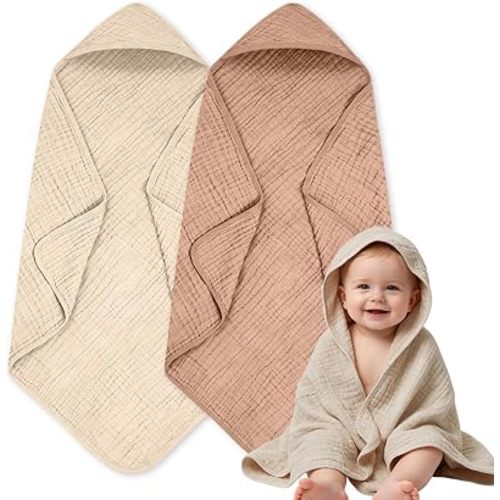 Hooded Baby Towels, 2 Pack100% Muslin Cotton Baby Bath Towels, 32×32 Inch for Toddler, Infant and Babies, Ultra Soft & Absorbent, Newborn Essentials (Khaki + Apricot)