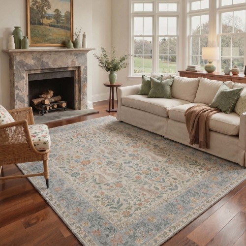 Vinca Washable Rabbit Beige & Blue Rug