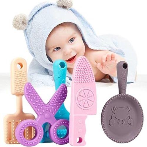 Baby Teething Toys,5 Pack Baby Teether Toys,BPA-Free,Teether Chew Toy Set,Soft Textures,Kitchen Tools Shape Silicone Toddler Teething Toys for Babies 6-12 Months (Kitchen Tools)
