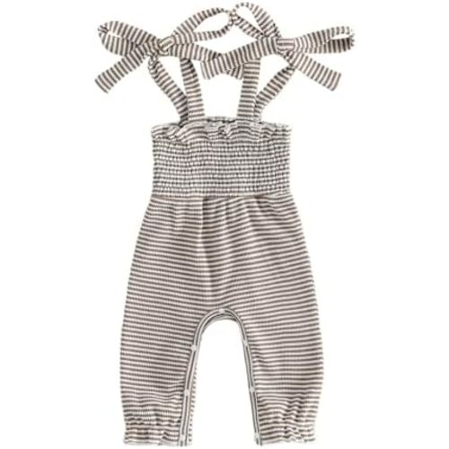 Sasaerucure Summer Clothes for Baby Girl 3 6 12 18 24 Months Waffle Striped Halter Sleeveless Romper Jumpsuit Outfit