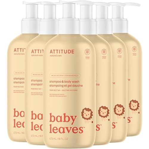 ATTITUDE 2-in-1 Shampoo and Body Wash for Baby, EWG Verified, Dermatologically Tested, Made with Naturally Derived Ingredients, Vegan, Pear Nectar, 16 Fl Oz (Pack of 6)