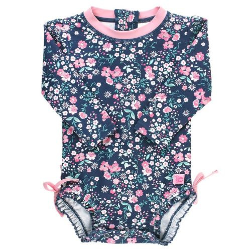 RuffleButts Baby Girls UPF50+ Long Sleeve One Piece Rash Guard, Color: Moonlit meadow, Size: 12-18 months