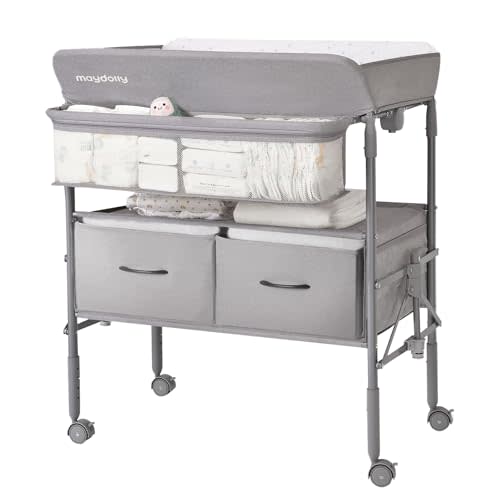 Maydolly Baby Changing Table, Portable Folding Changing Table with Wheels, Waterproof and Adjustable Height, Premium Diaper Changing Station with Two Drawers, Mobile Nursery for Newborn (Grey)