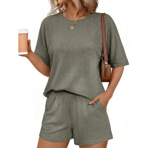 Ekouaer Women 2 Piece Lounge Set 2026 Summer Cruise Outfits Ribbed Loose Short Sleeve Matching Sets with pocket