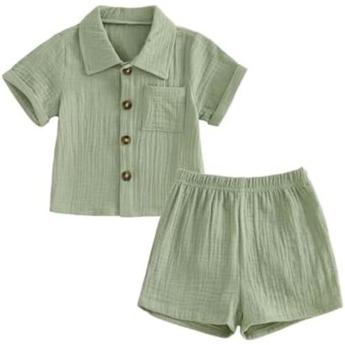 Baby Boys Clothes Set Toddler Infant Boys Button-down Shirt Tops + Cotton Gauze Shorts Summer Outfit 2PCS with Pockets