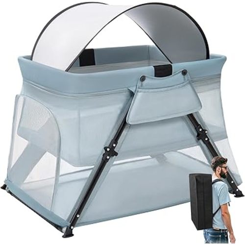 Lilian&Gema 2-in-1 Travel Crib, Portable Crib with Backpack, Lightweight Baby Travel Playpen, Foldable Play Yard with Thick Mattress for Babies & Toddlers, Baby Travel Essential