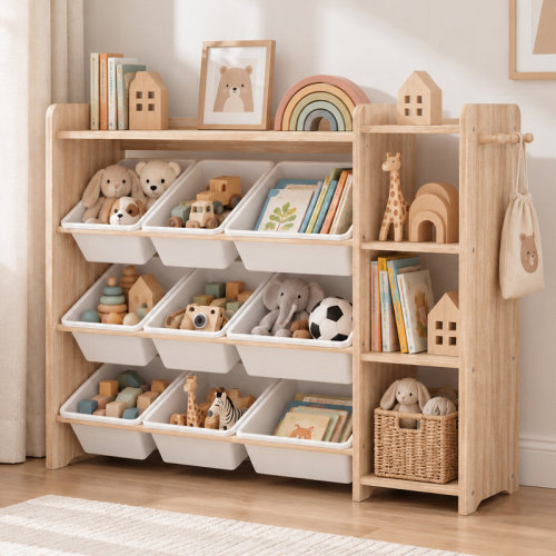 Isabelle & Max™ Kids Toy Storage Organizer White and Natural Wood 3 Tiers with 9 Storage Bins | Wayfair