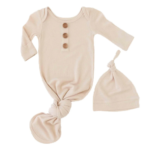 Oatmeal Waffle Bamboo Newborn Baby Knot Gown & Hat Set
